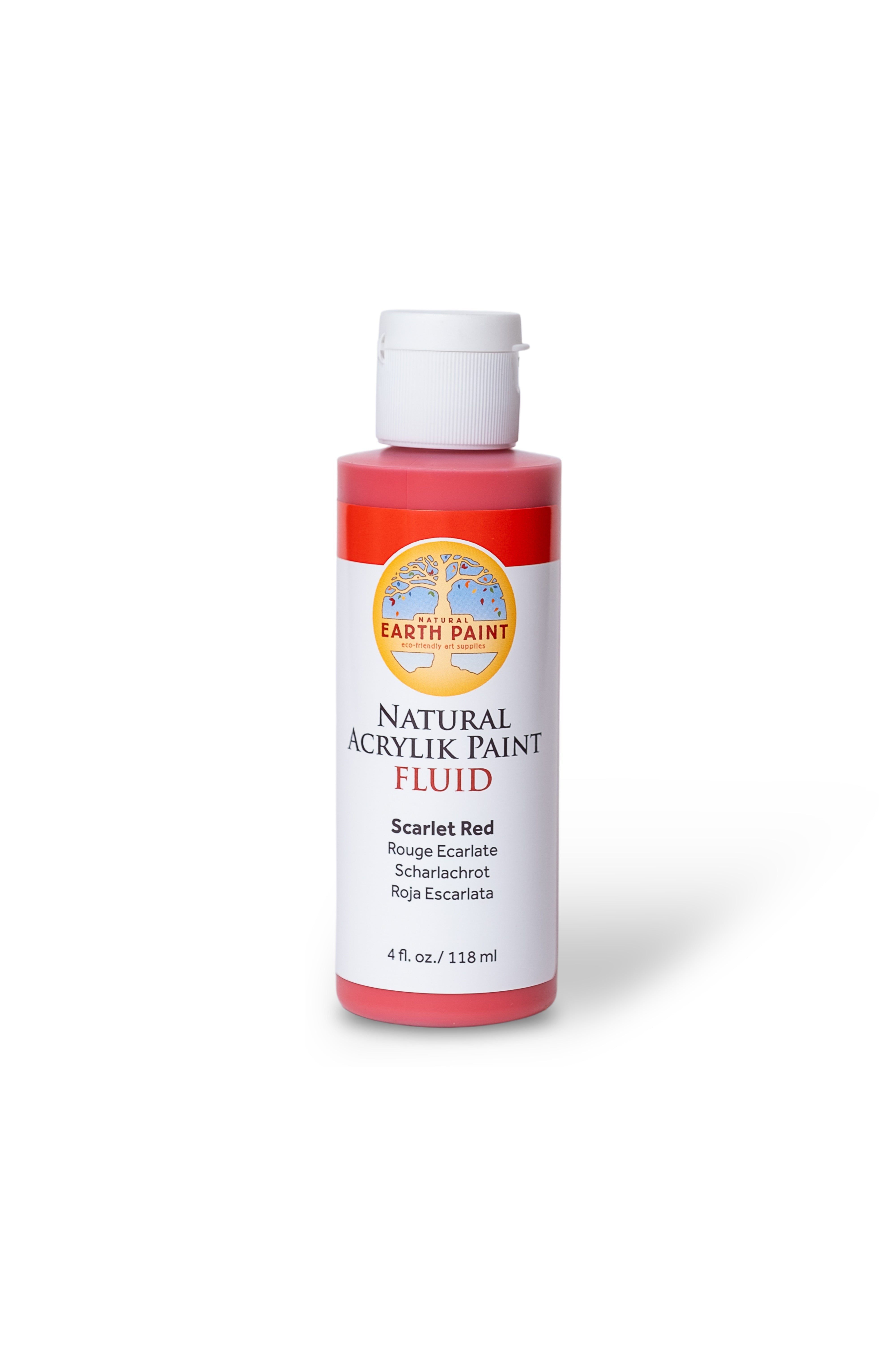 Bottle of Earth Paint Natural Acrylic Paint Fluid in Scarlet Red on a white background
