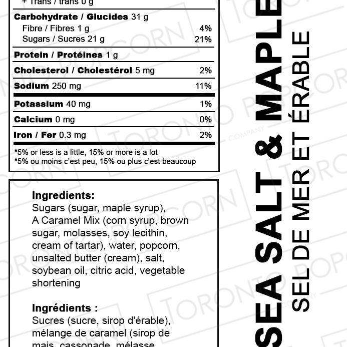 Nutrition facts label for Toronto Popcorn Company's Sea Salt & Maple popcorn.