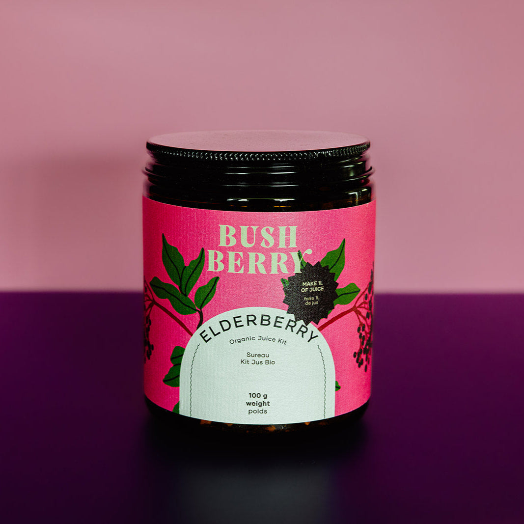 Jar of Bush Elderberry juice kit with pink label on a gradient background
