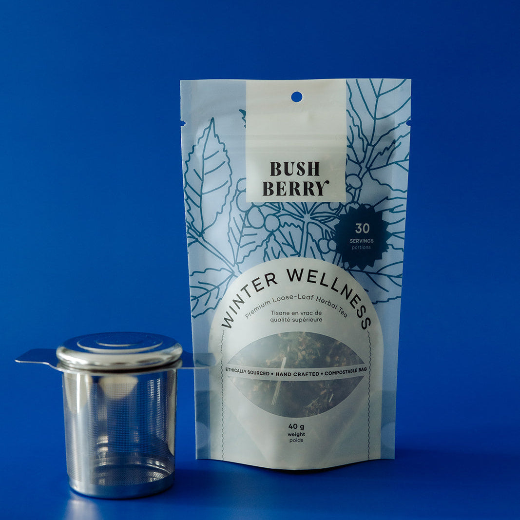 Tea package labeled 'Winter Wellness' by Bush Berry with a metal tea infuser on a blue background