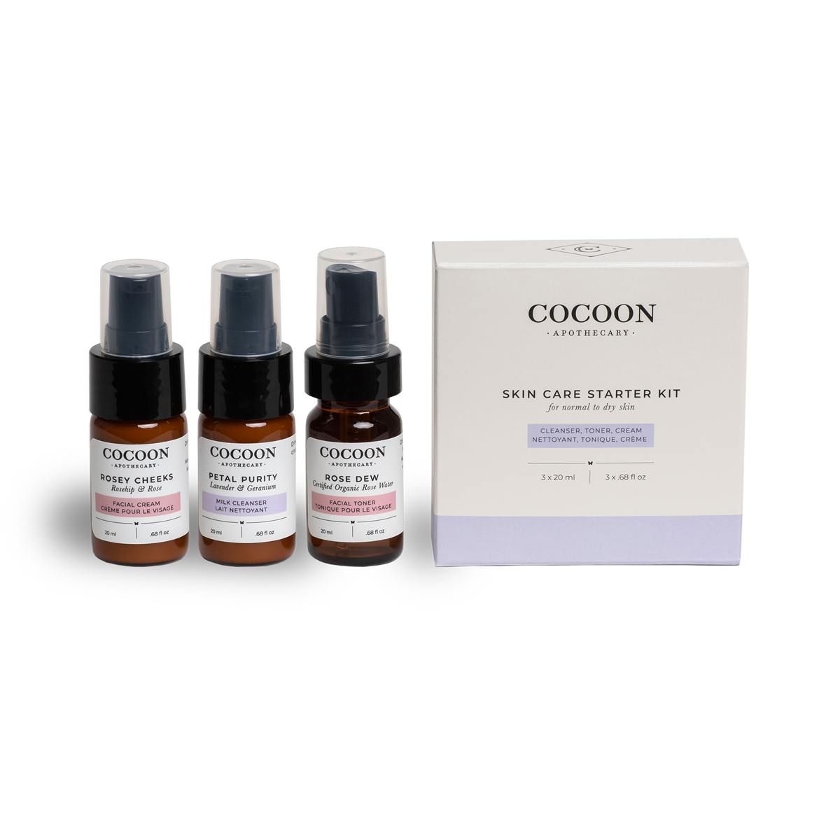 Cocoon Apothecary skin care starter kit with three bottles and a box on a white background