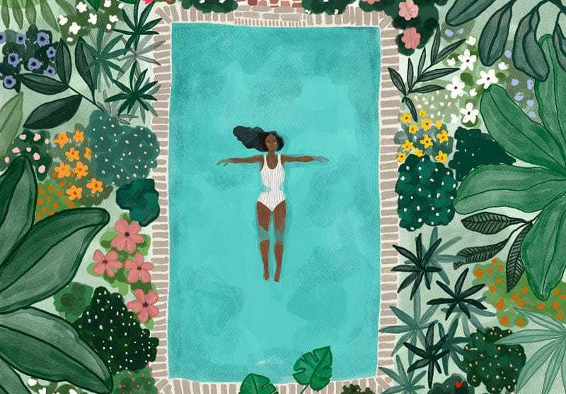 Illustration of a woman in a swimsuit in a pool surrounded by tropical plants and flowers. mimi-and-august