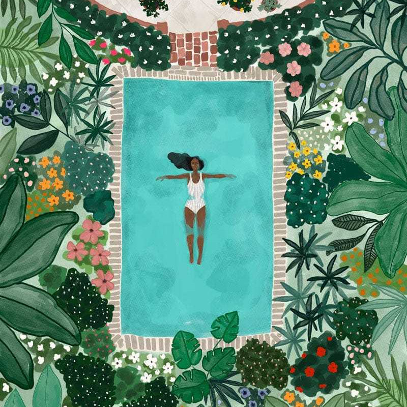 Illustration of a woman in a swimsuit in a pool surrounded by tropical plants and flowers. mimi-and-august