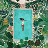 Illustration of a woman in a swimsuit in a pool surrounded by tropical plants and flowers. mimi-and-august