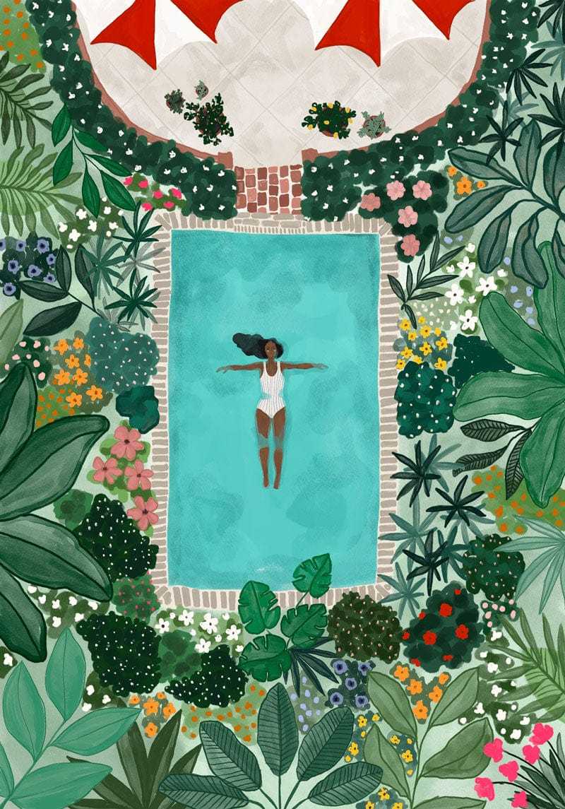 Illustration of a woman in a swimsuit in a pool surrounded by tropical plants and flowers. mimi-and-august