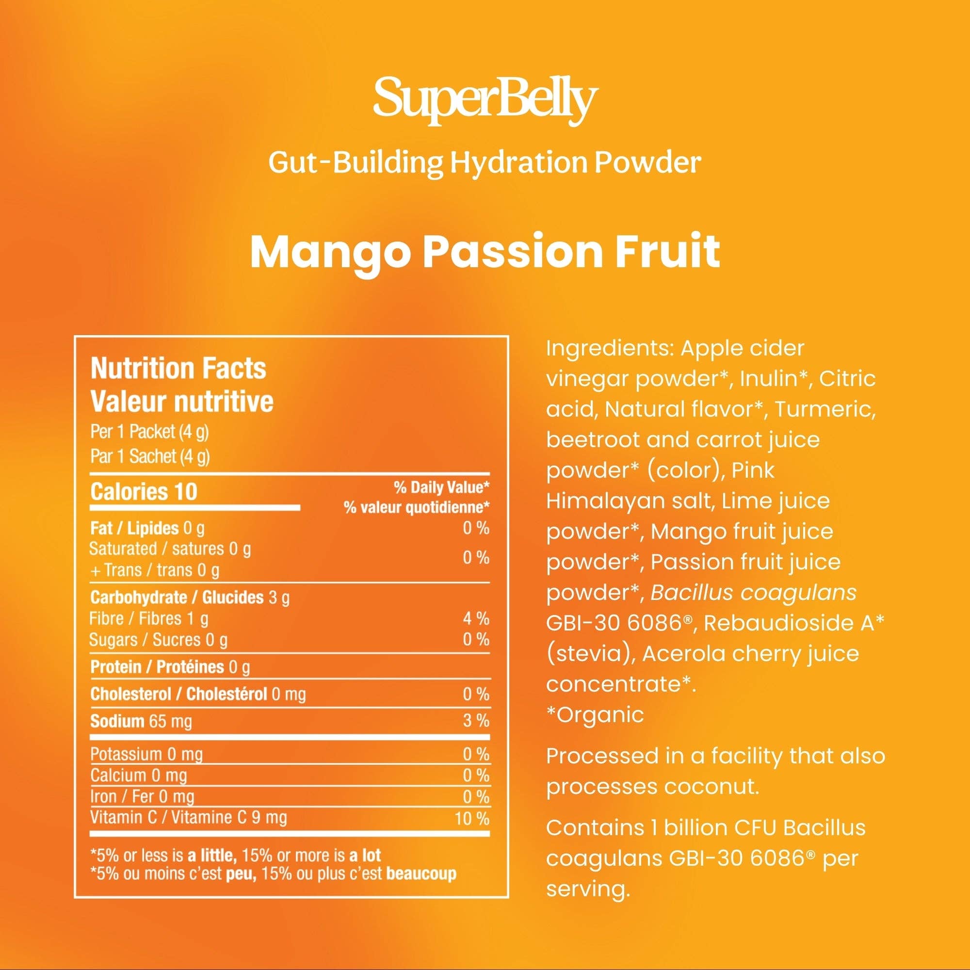 Nutrition label for SuperBelly Mango Passionfruit Hydration Powder highlighting ingredients and health benefits.