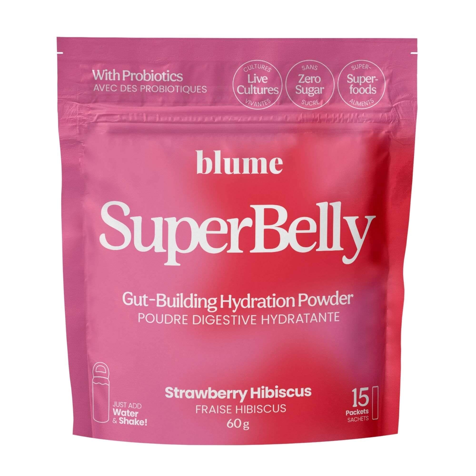 SuperBelly hydration drink powder in Strawberry Hibiscus flavor with fresh fruits and a refreshing glass of drink.