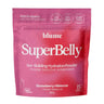 SuperBelly hydration drink powder in Strawberry Hibiscus flavor with fresh fruits and a refreshing glass of drink.