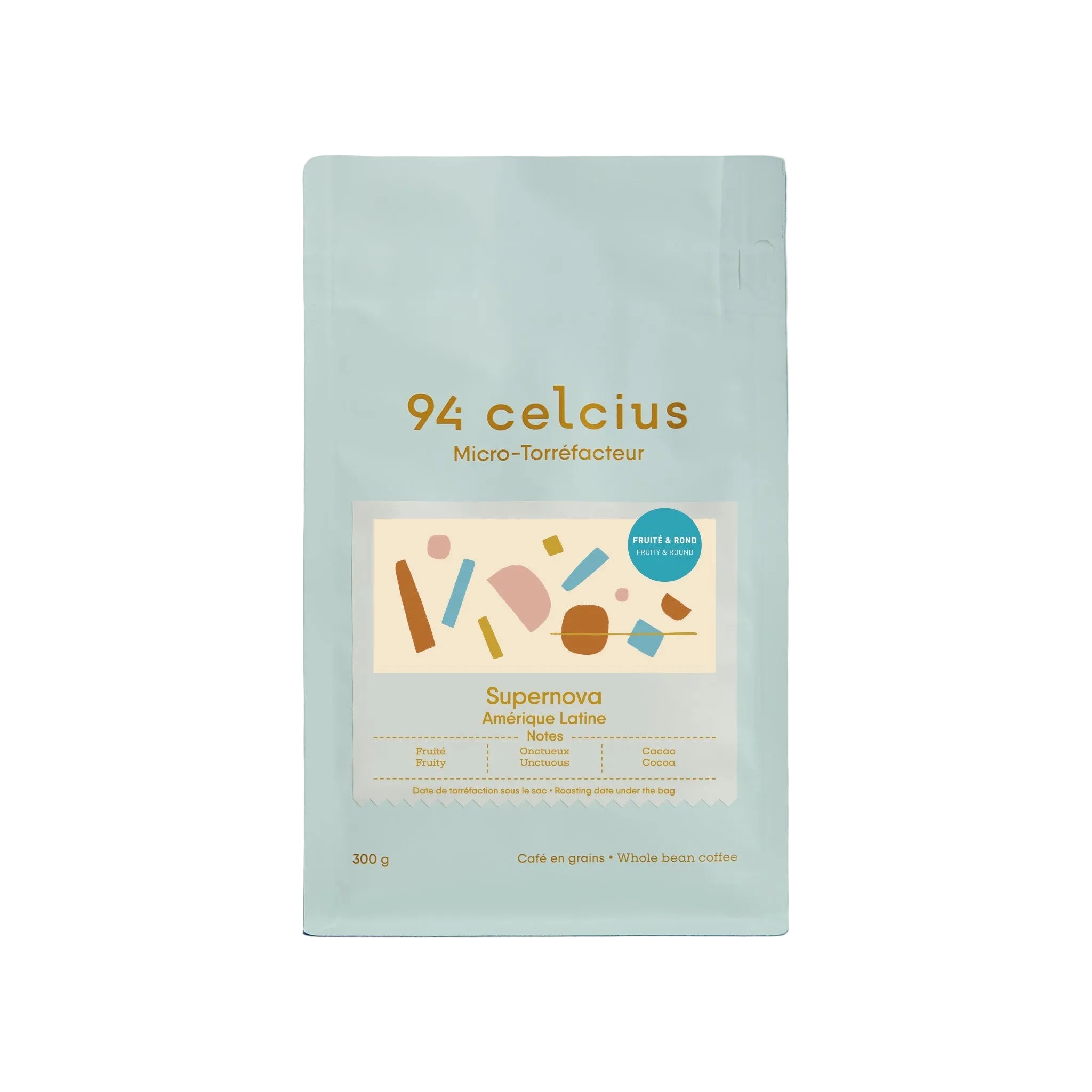 A 300g stand-up pouch of 94 Électric Supernova Antique Lotne coffee beans, featuring a minimalist multicolor geometric illustration on a pale blue background.
