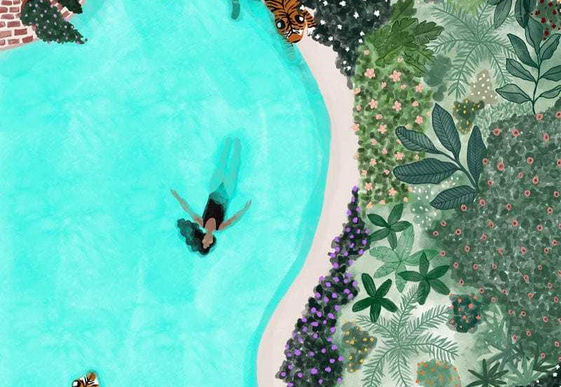 Illustration of a person swimming in a river with tigers and lush greenery