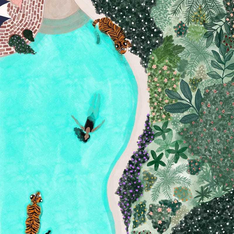 Illustration of a person swimming in a river with tigers and lush greenery