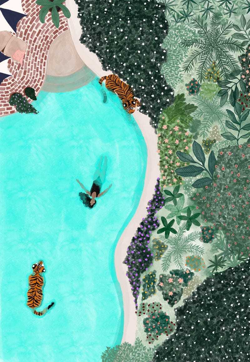 Illustration of a person swimming in a river with tigers and lush greenery