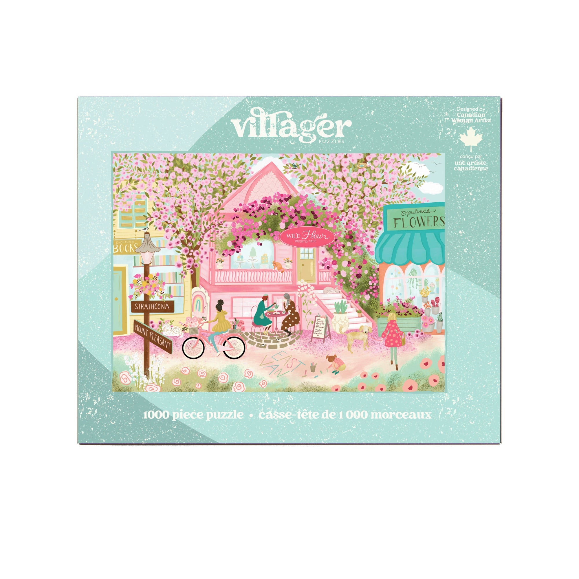 Villager 1000 piece puzzle packaging with a colorful illustration of a quaint village scene.