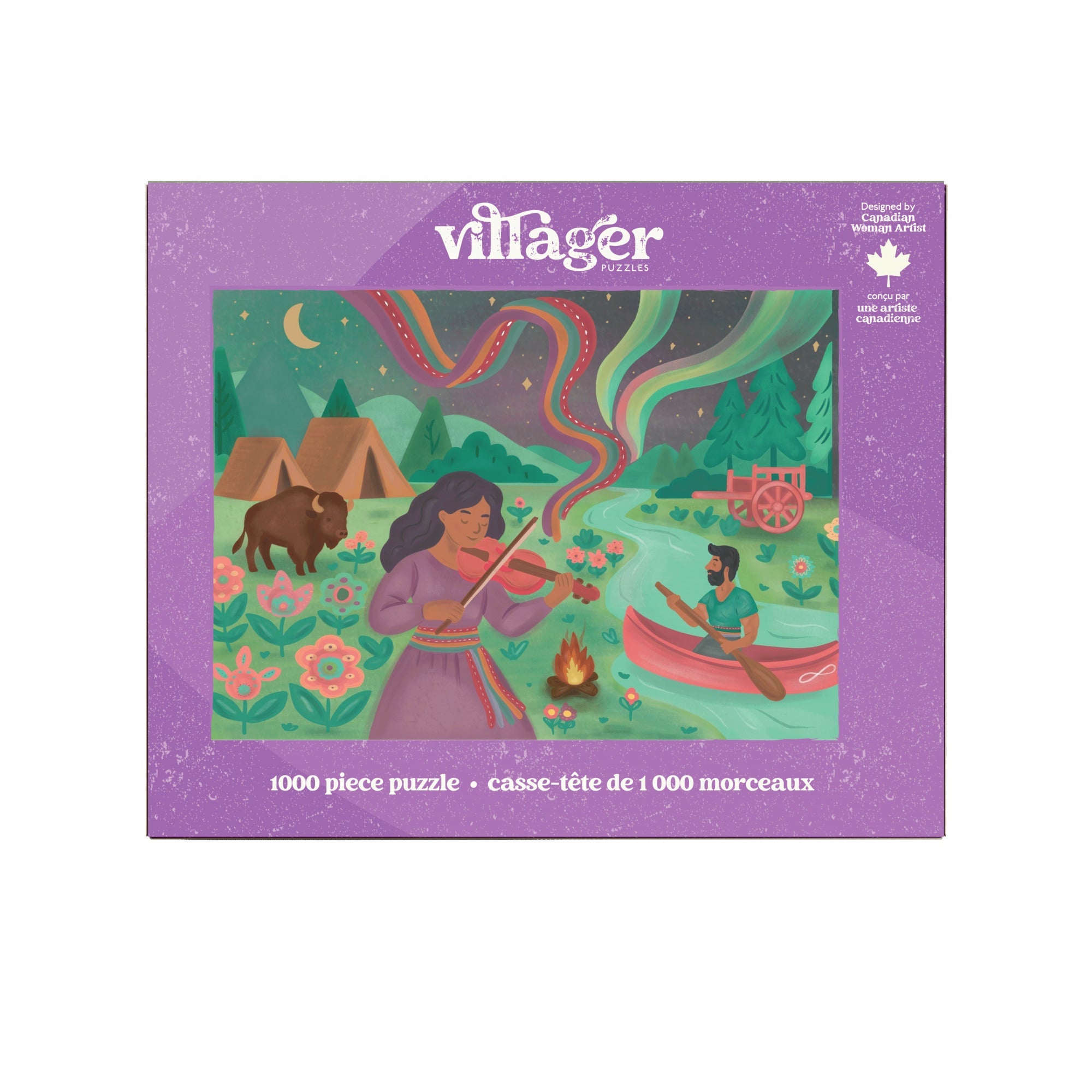 Villager 1000 piece puzzle packaging with illustration of two people by a campfire and a buffalo.