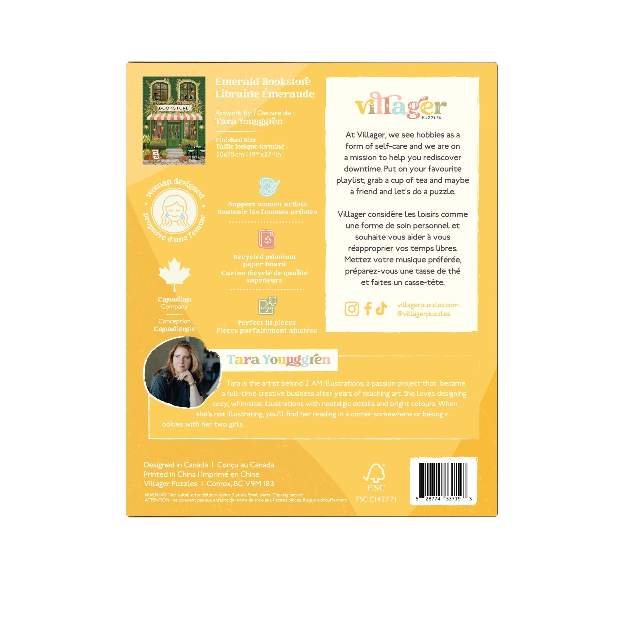 Villager puzzles Bookstore puzzle packaging with a green building and pink awning. Back cover of a book with text and branding on a yellow background