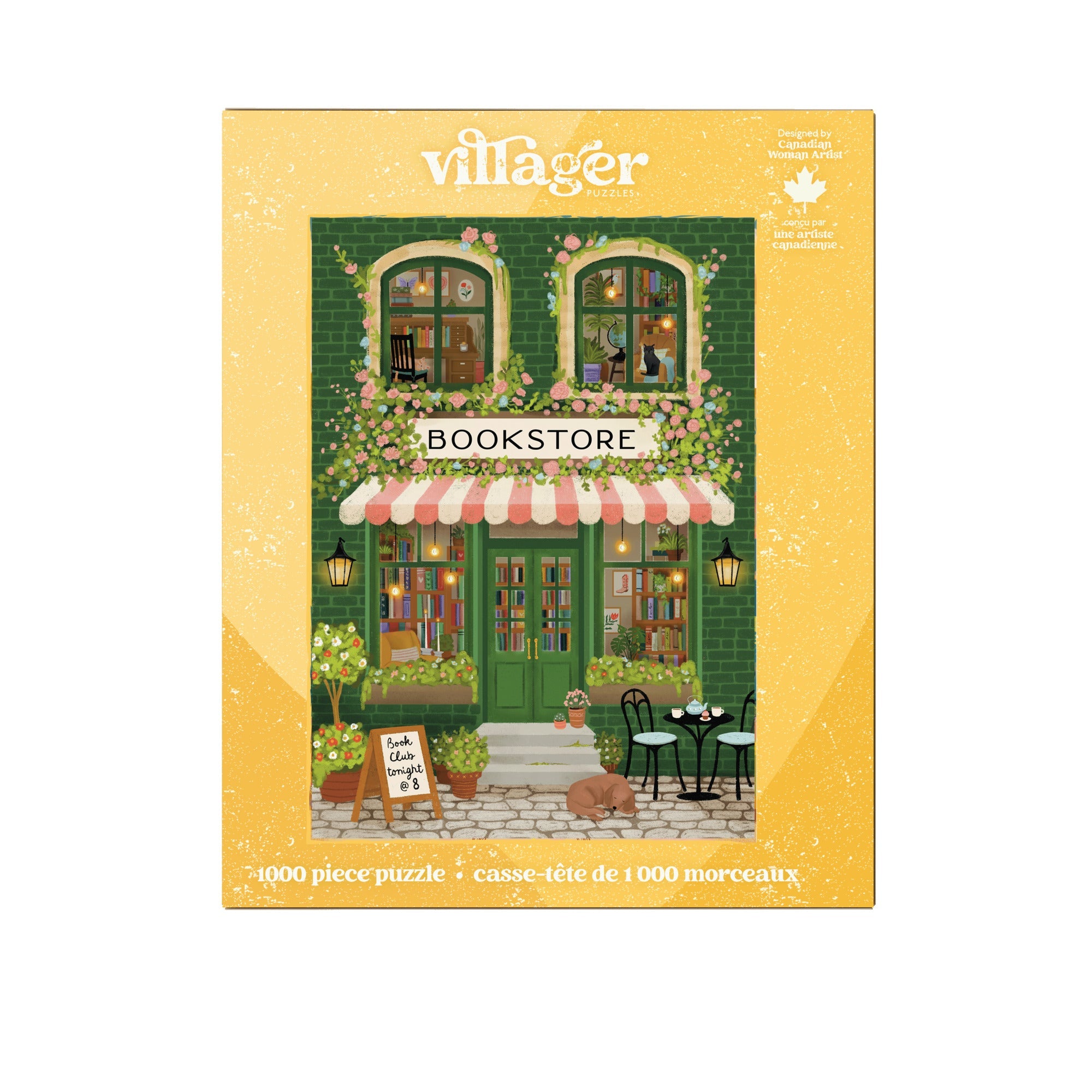 Villager puzzles Bookstore puzzle packaging with a green building and pink awning.