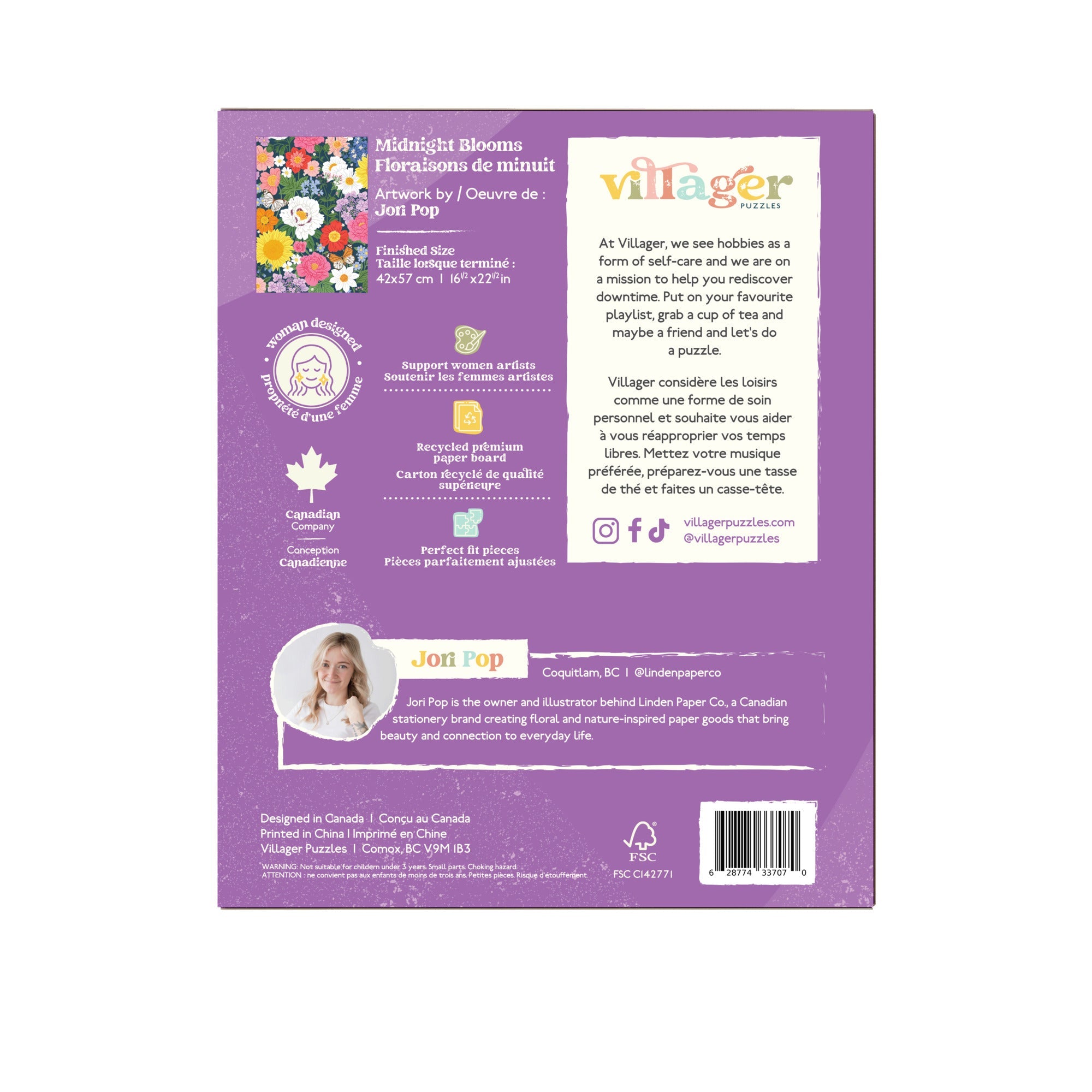 Villager 500 piece puzzle box with floral design on a purple background Midnight Blooms packaging with artwork by Jodi Pep on a purple background