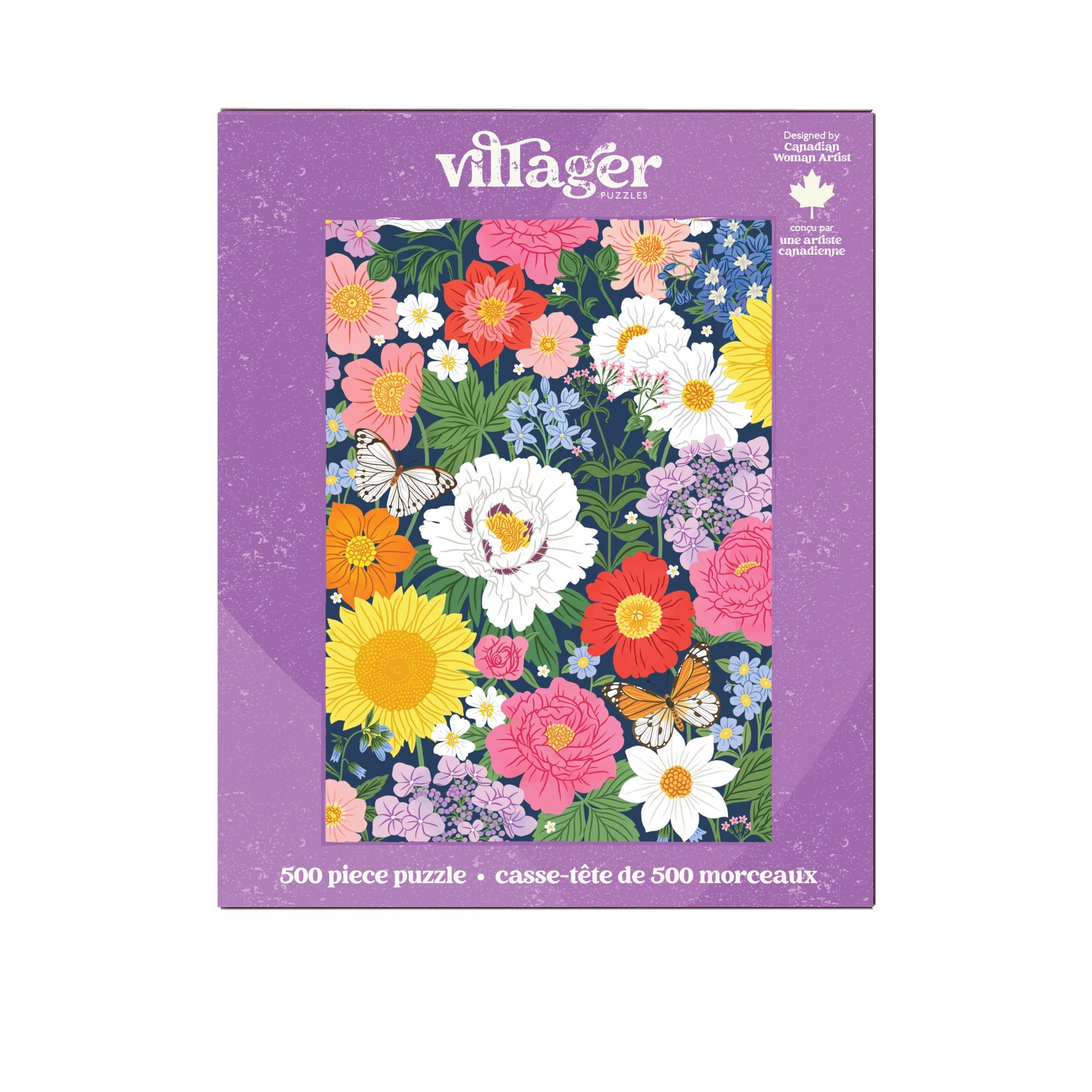 Villager 500 piece puzzle box with floral design on a purple background Midnight Blooms
