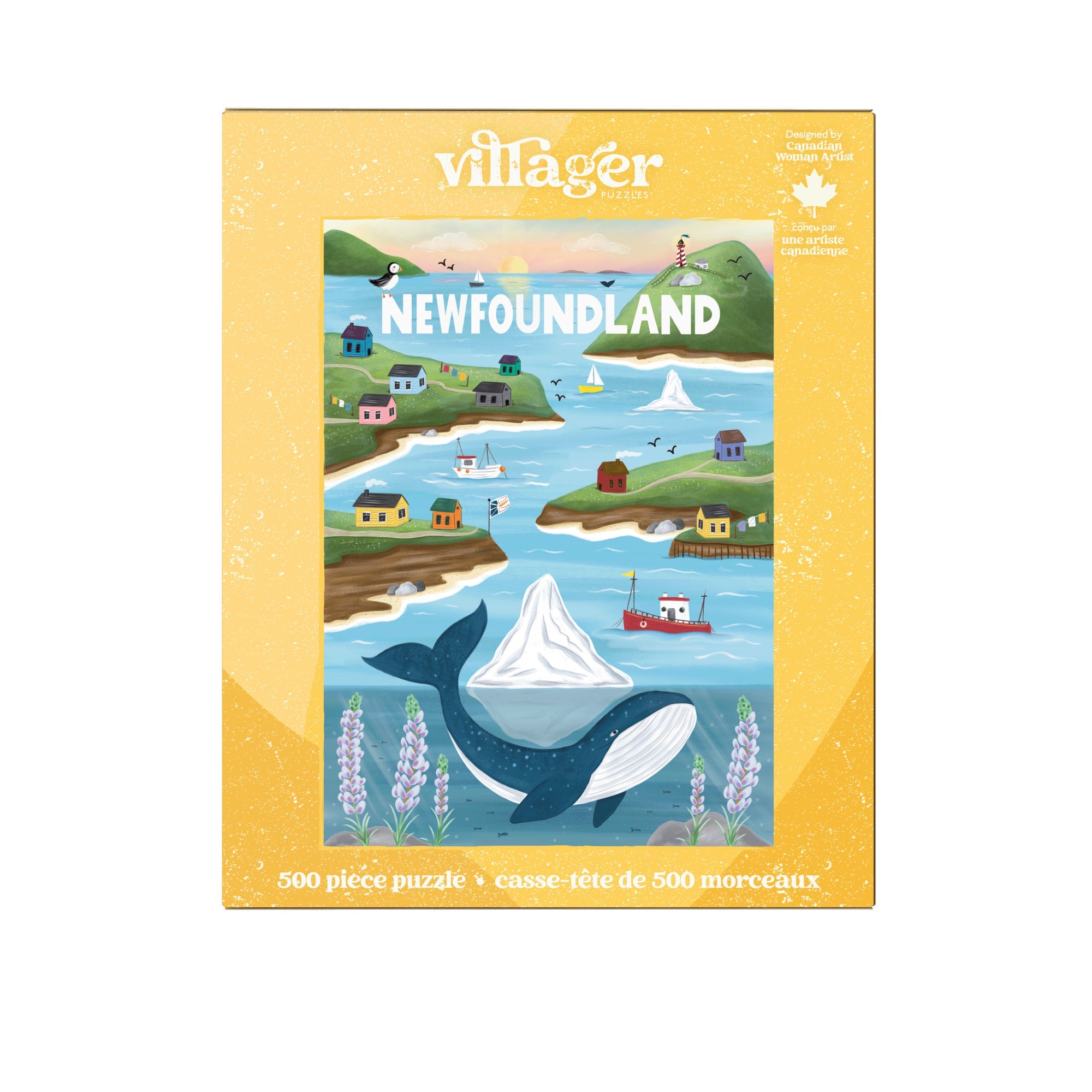 Villager Newfoundland puzzle box with a whale and island design on a yellow background