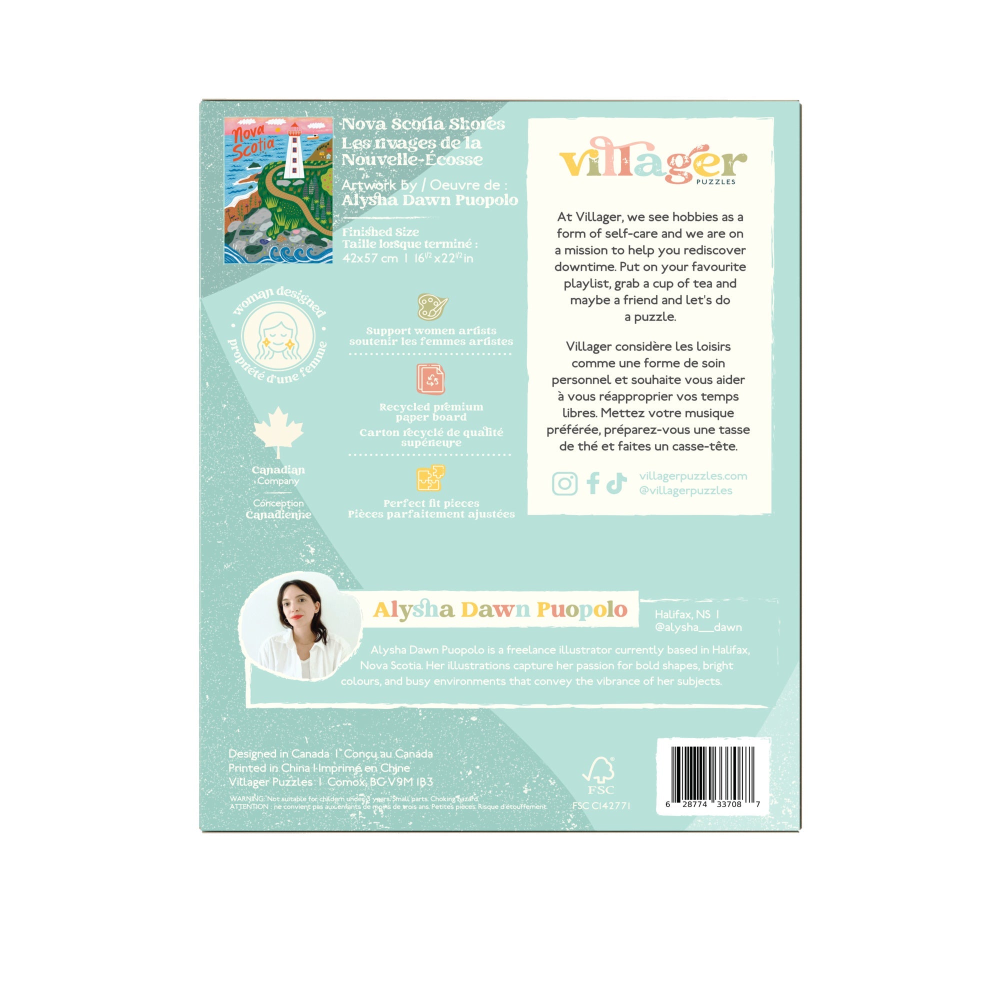 Back cover of a book or product packaging with branding and text on a light blue background