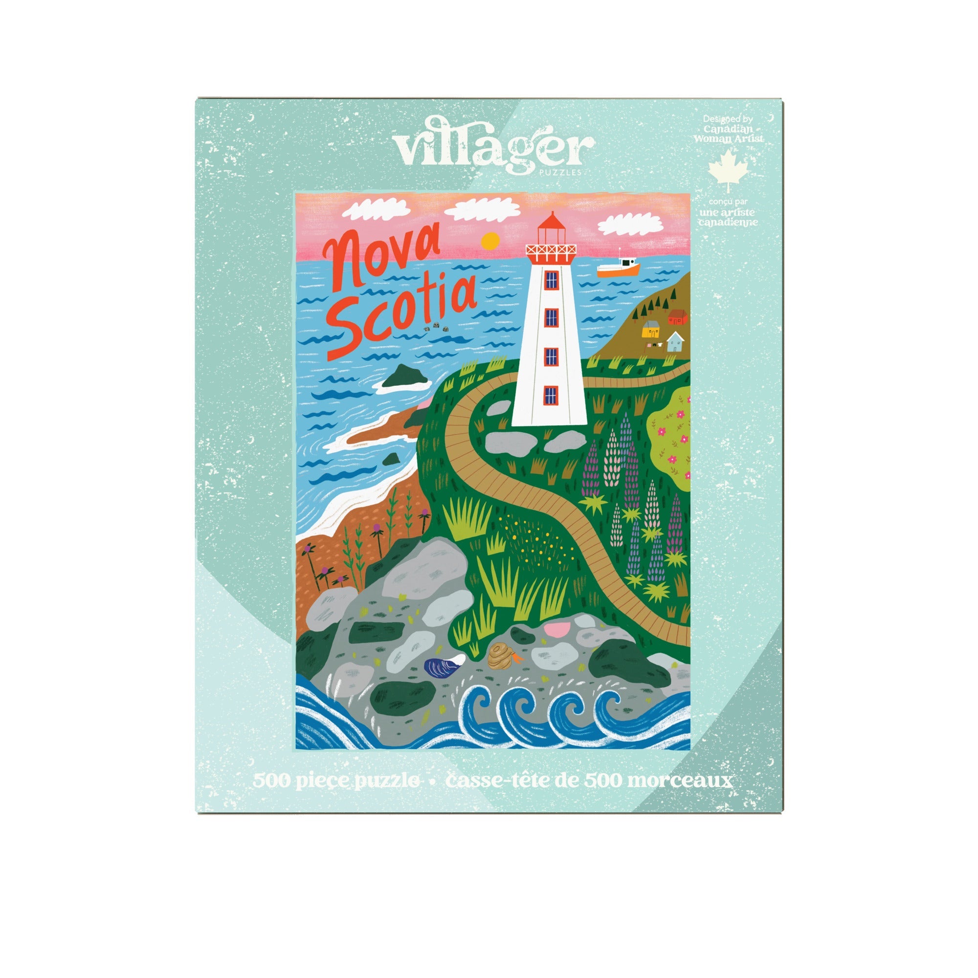 Villager Nova Scotia puzzle box with lighthouse illustration on a light blue background
