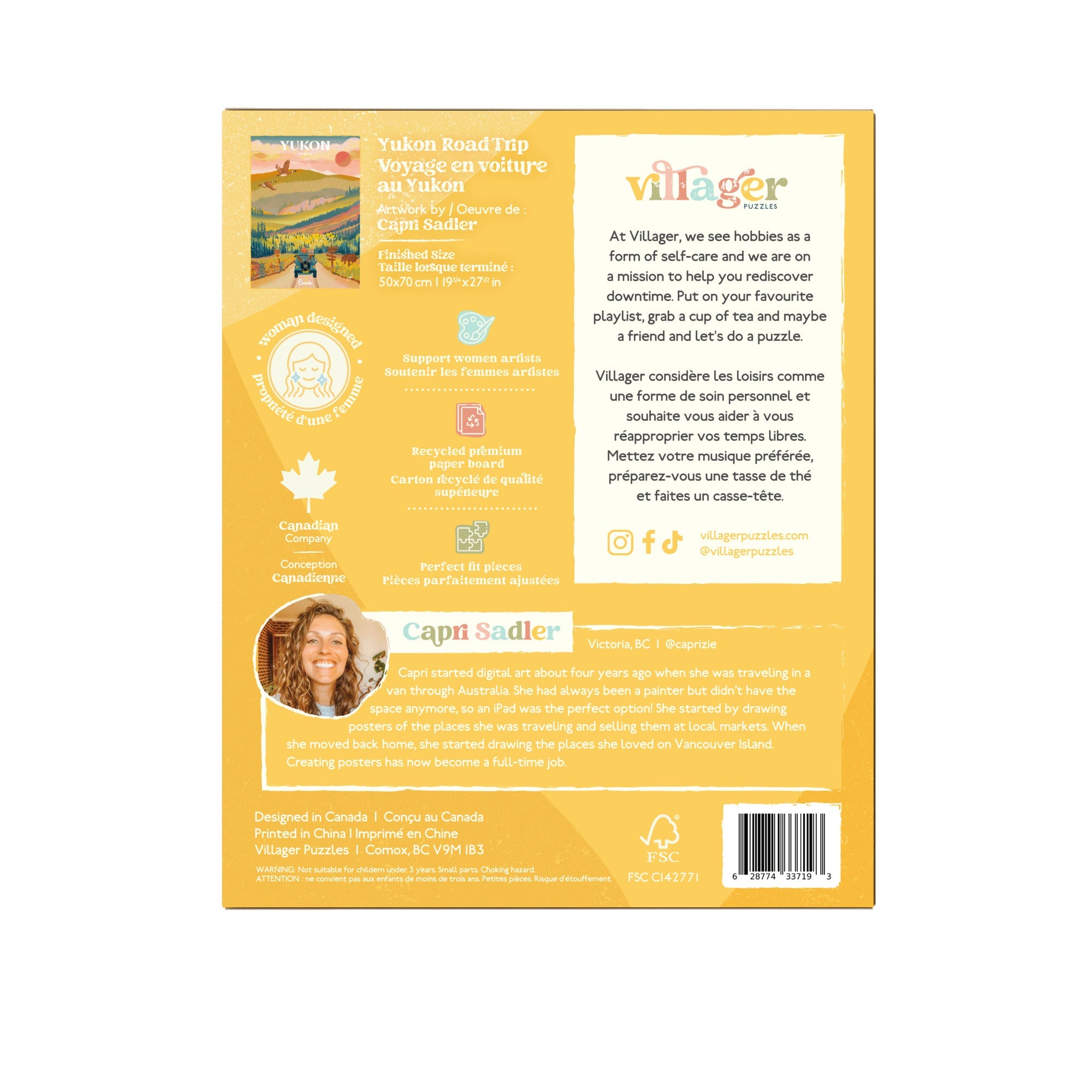 Back cover of a book or product packaging with text and branding on a yellow background