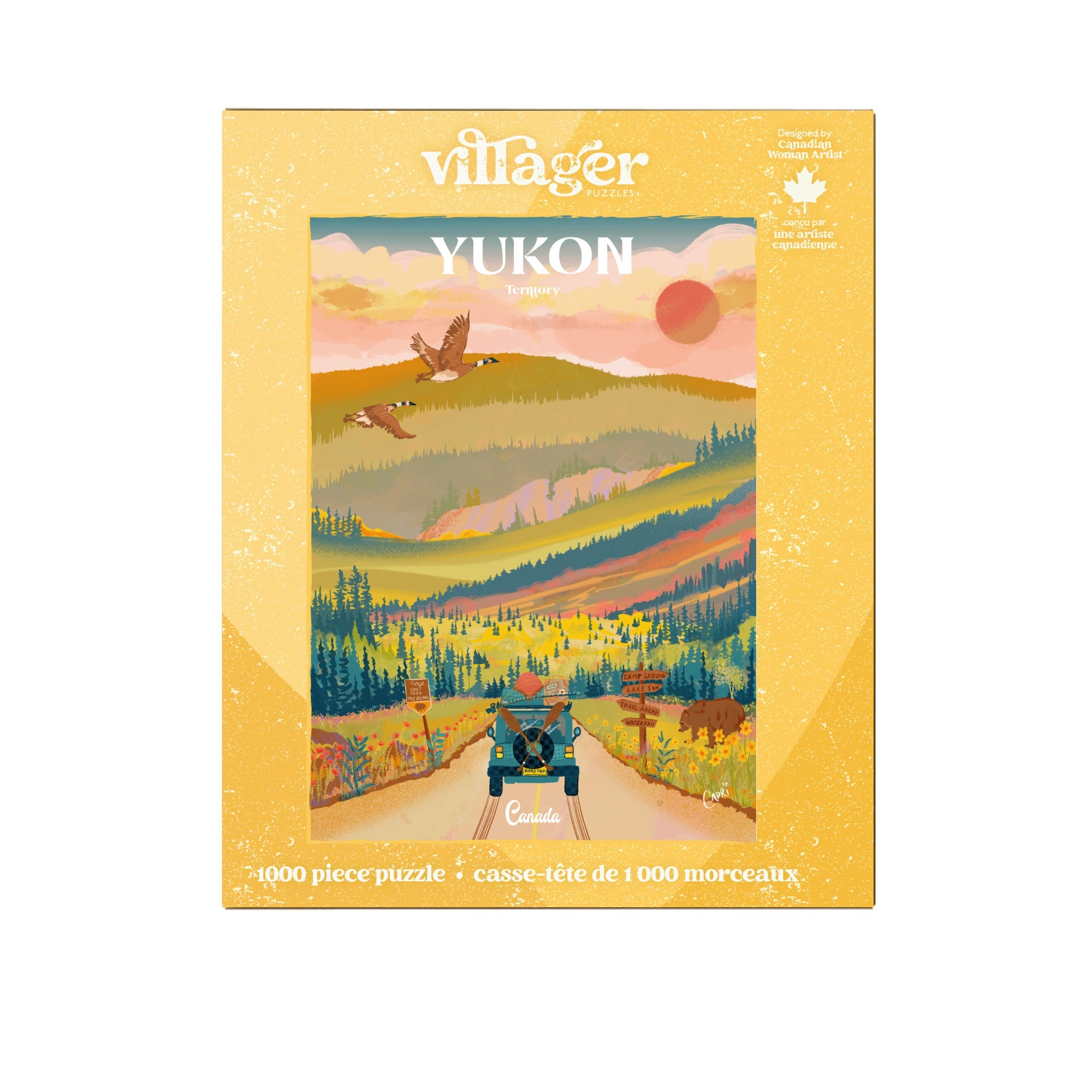 Villager Yukon puzzle box with a scenic illustration on a yellow background