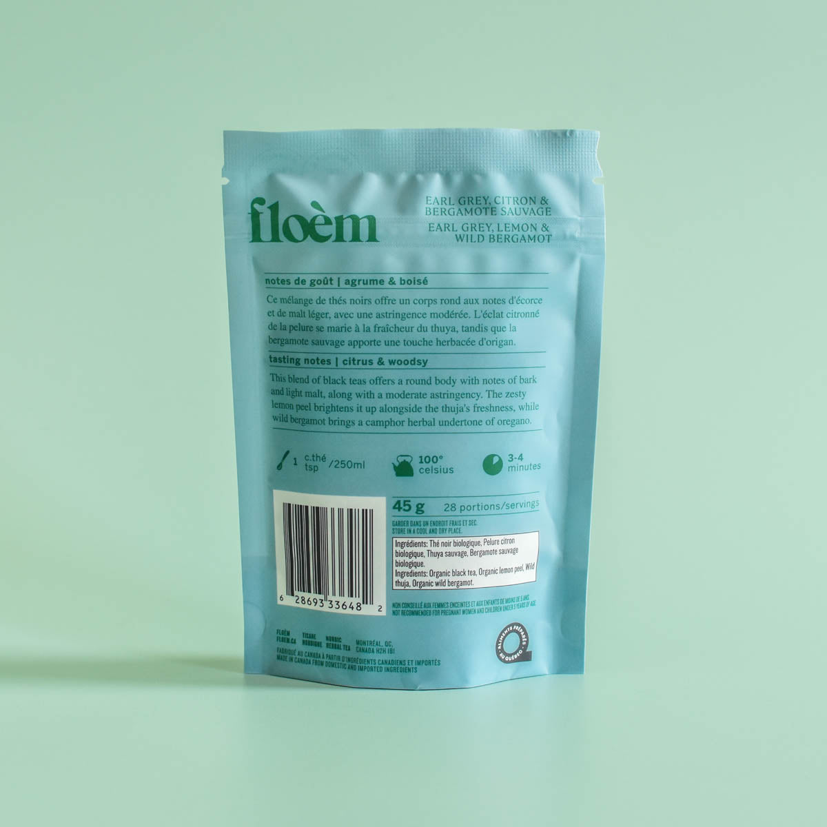 Floèm Earl Grey Black Tea – Lemon, Wild Bergamot & Thuya – 45g Bulk Bag back label