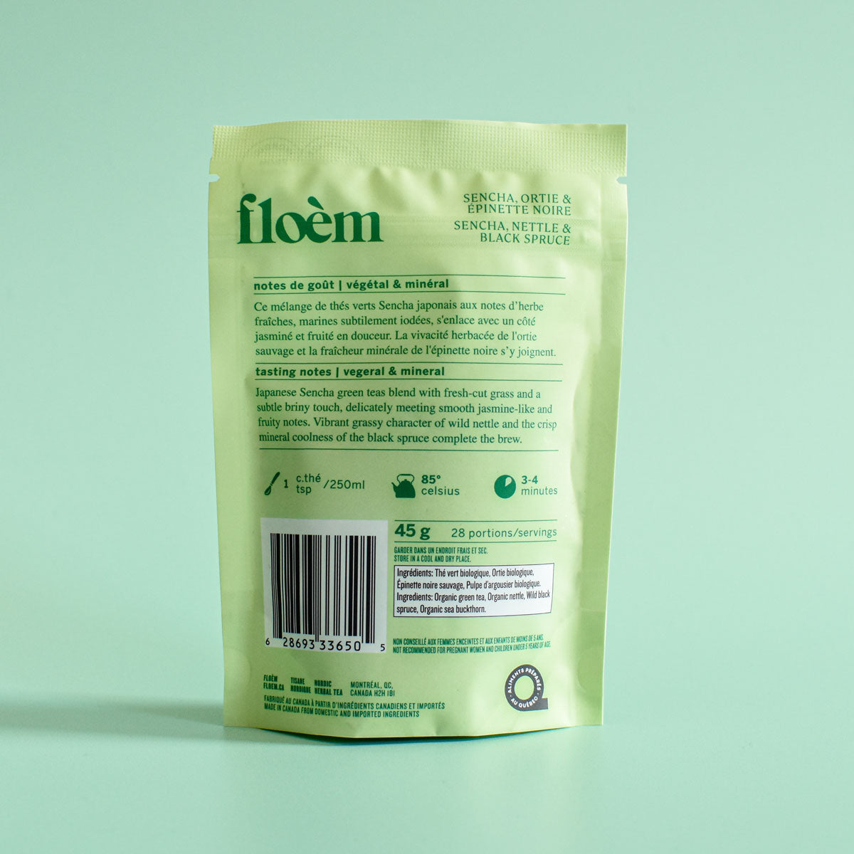 Sencha Green Tea – Wild Nettle & Black Spruce | Floèm back label