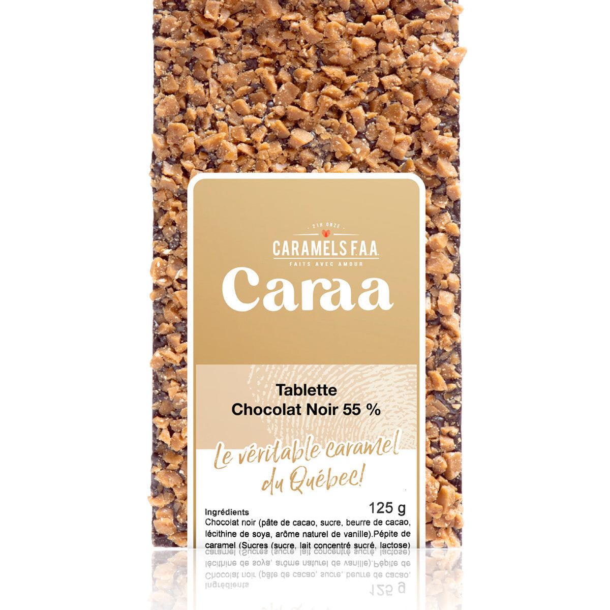 Canaa chocolate bar packaging with caramel and nuts on a white background