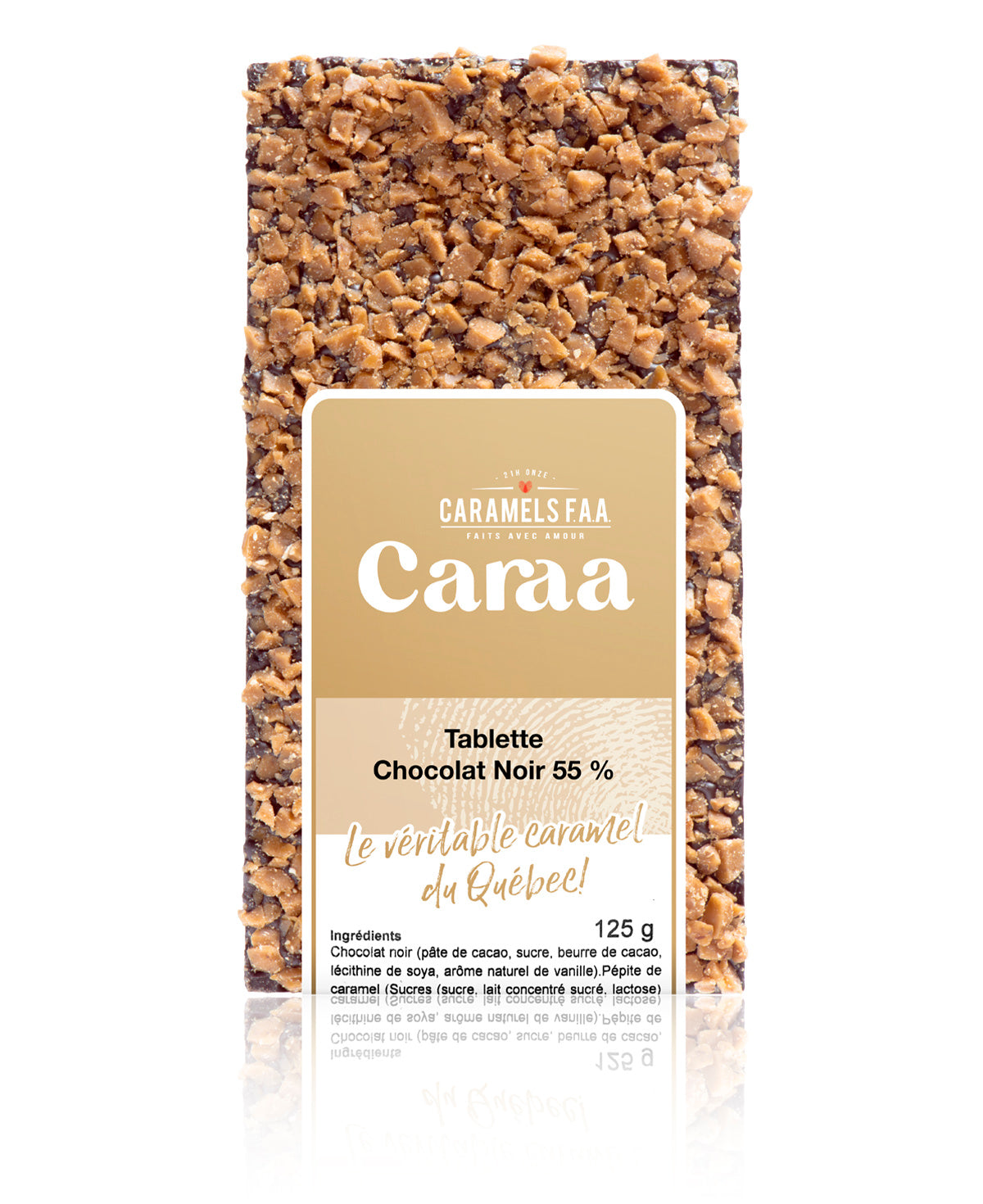Canaa chocolate bar packaging with caramel and nuts on a white background