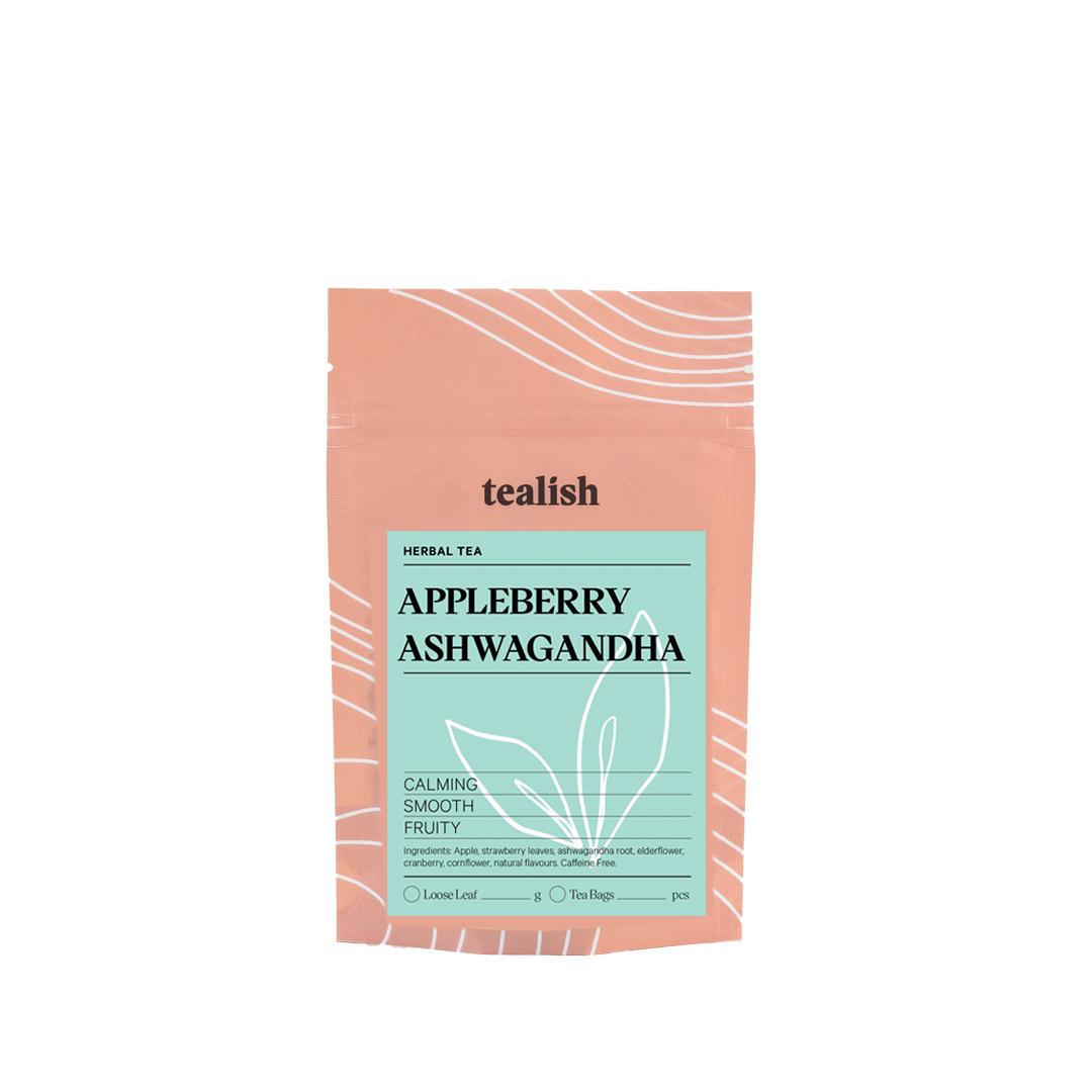 Tea bag packaging for 'Appleberry Ashwagandha' tea by Tealish on a white background