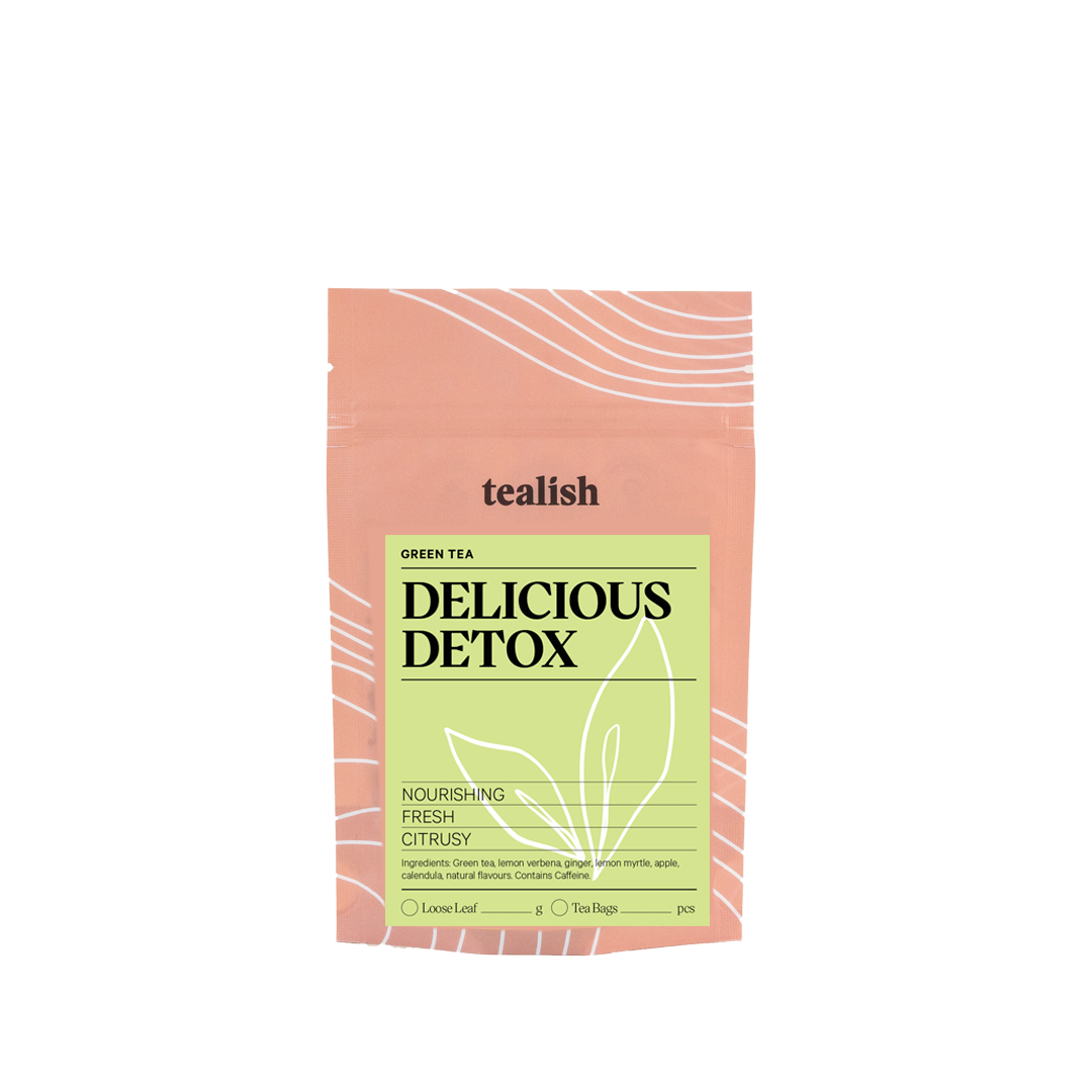 Tea package labeled 'Delicious Detox' by tealish on a white background