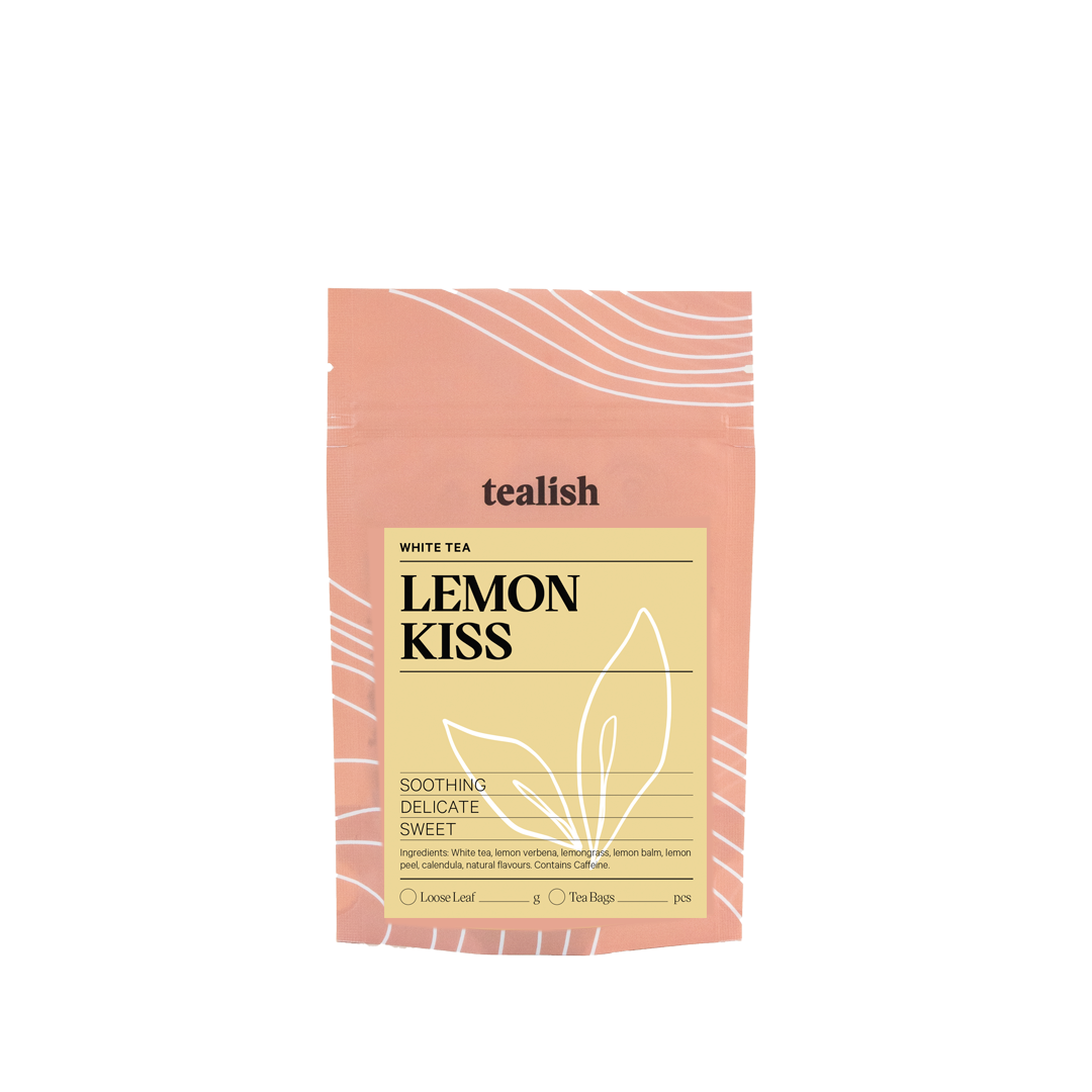 Tea bag packaging for 'Lemon Kiss' white tea by tealish on a white background
