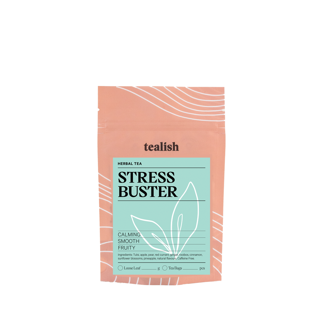 Tealish Stress Buster herbal tea package on a white background