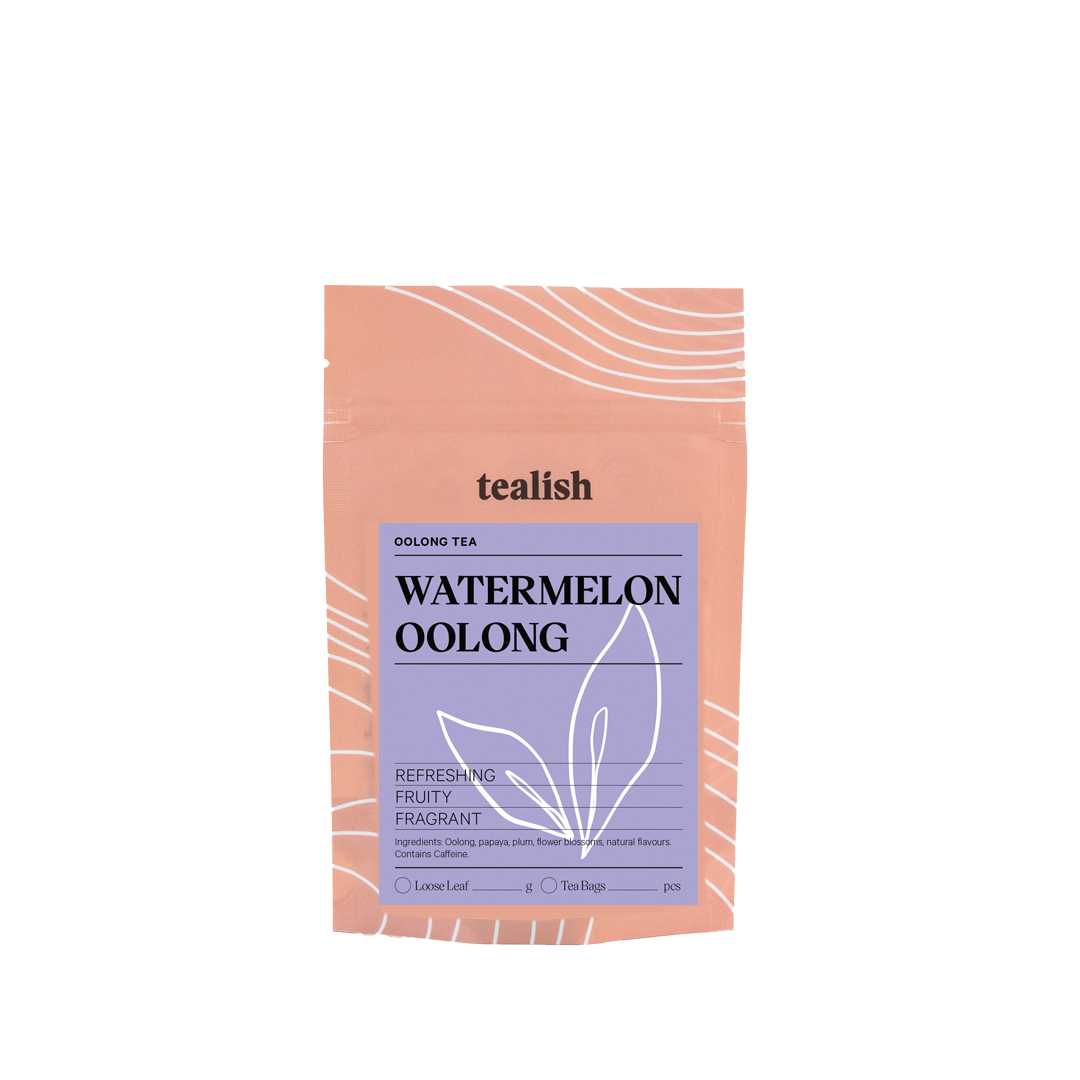 Tea package with 'tealish' branding and watermelon oolong flavor on a white background