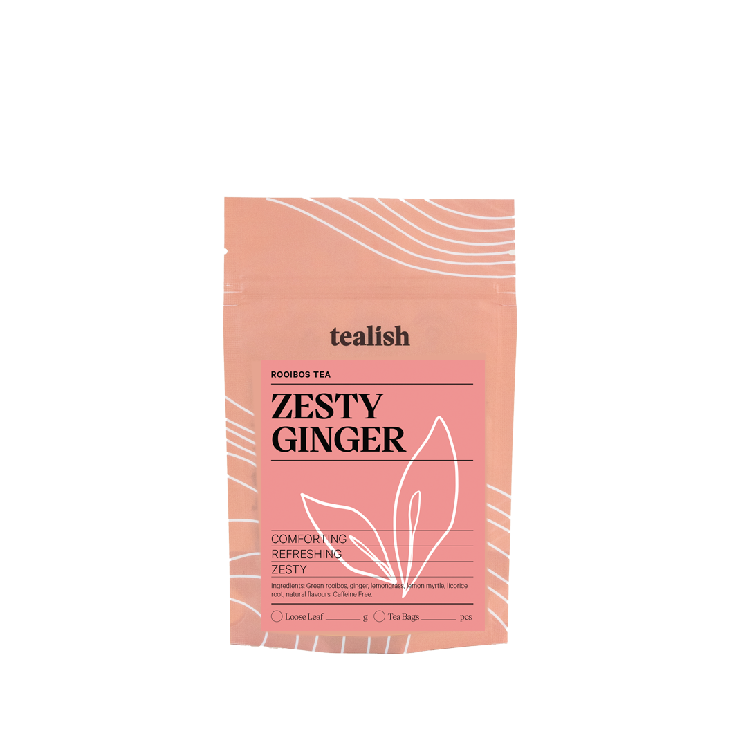 Tea bag packaging for 'Zesty Ginger' tea from the brand 'tealish' on a white background.
