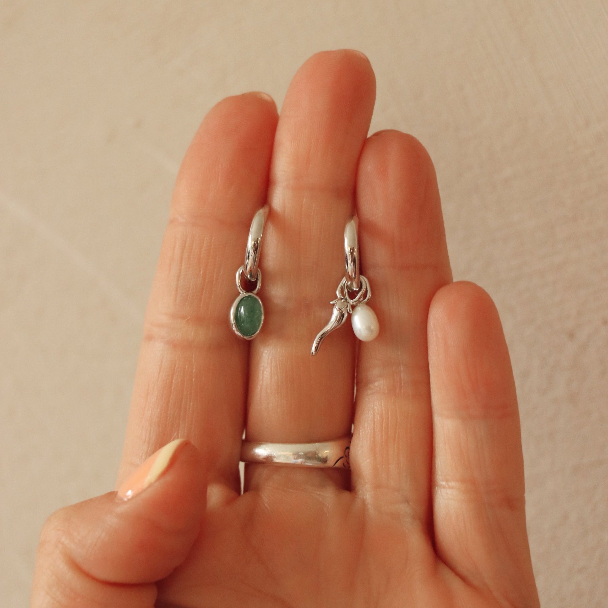Charm Hoop Earrings – Pepea, Silver-Plated Pearl & Aventurine | HoraceJewelry pair