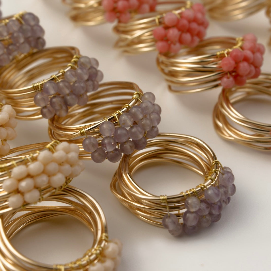 Amethyst - Beaded Dainty Ring by Pinky Mimosa set