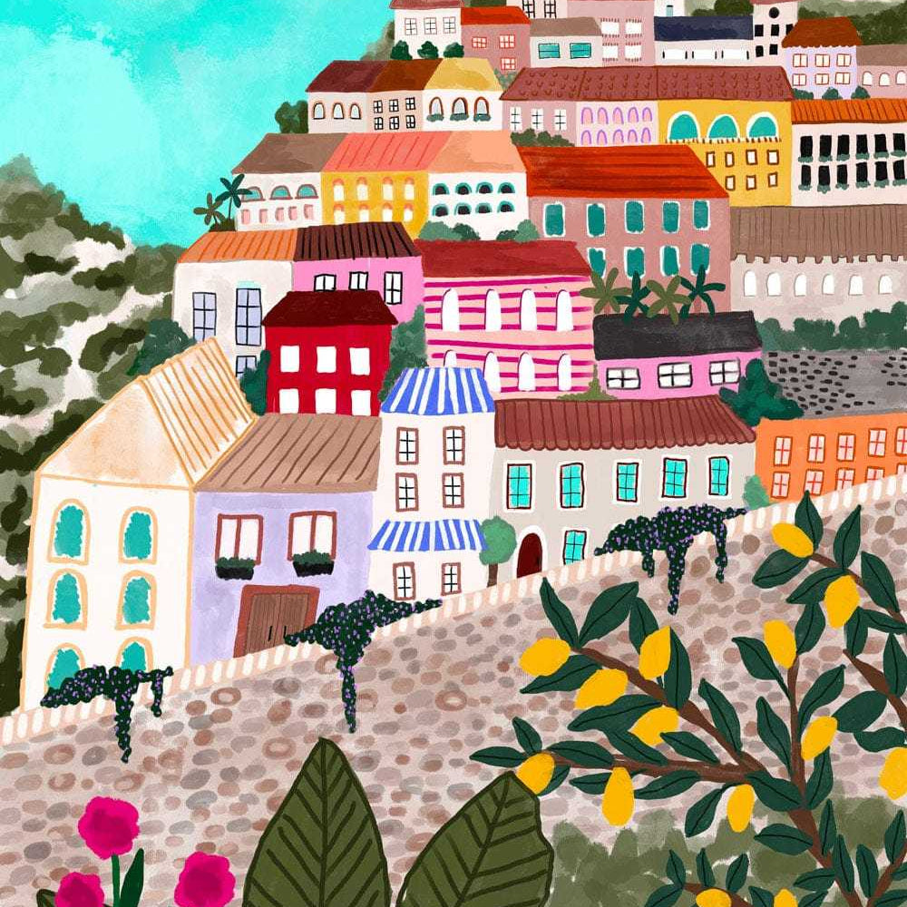 A colorful watercolor-style illustration of a hillside village with pastel buildings, a cobblestone path, green hills, yellow flowers, and a bright turquoise sky with a sun.