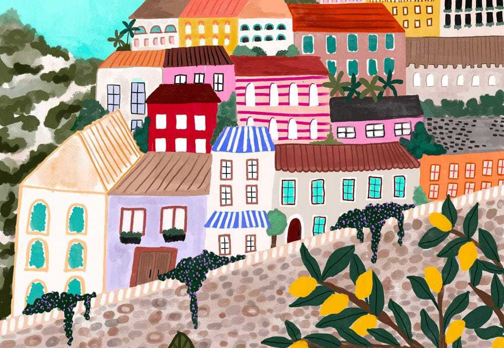 A colorful watercolor-style illustration of a hillside village with pastel buildings, a cobblestone path, green hills, yellow flowers, and a bright turquoise sky with a sun.