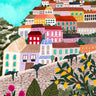 A colorful watercolor-style illustration of a hillside village with pastel buildings, a cobblestone path, green hills, yellow flowers, and a bright turquoise sky with a sun.