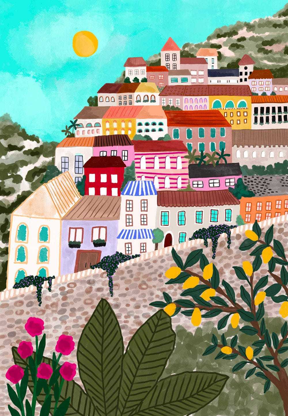 A colorful watercolor-style illustration of a hillside village with pastel buildings, a cobblestone path, green hills, yellow flowers, and a bright turquoise sky with a sun.