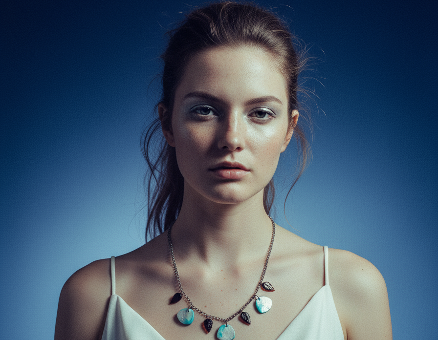 Minimalist Beaded Necklace Icy Blue & Silver with Brown Glass Leaves by Sassy Sacha Jewelry 2
