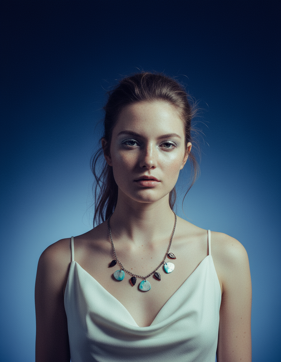 Minimalist Beaded Necklace Icy Blue & Silver with Brown Glass Leaves by Sassy Sacha Jewelry 2