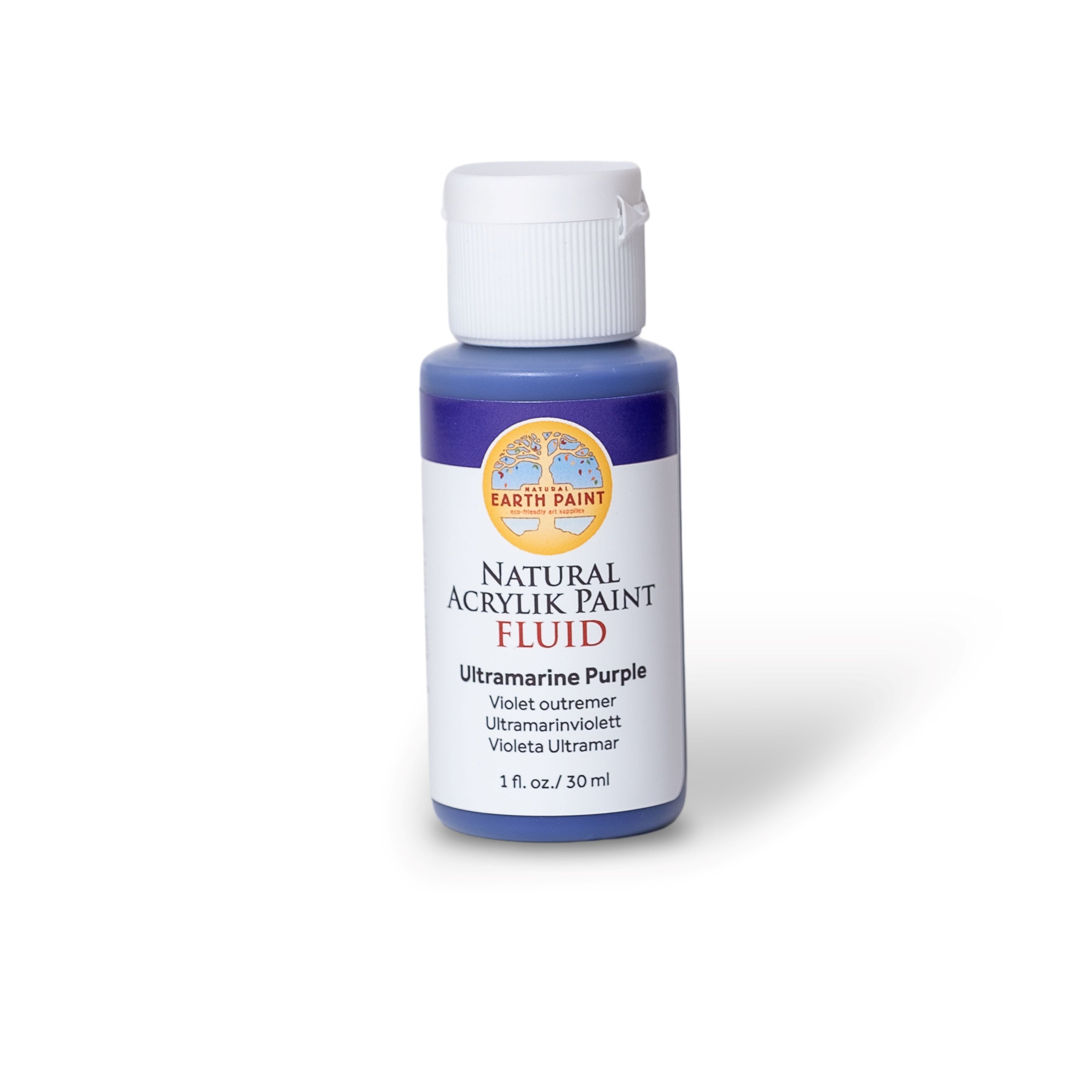 Bottle of ultramarine purple acrylic paint on a white background