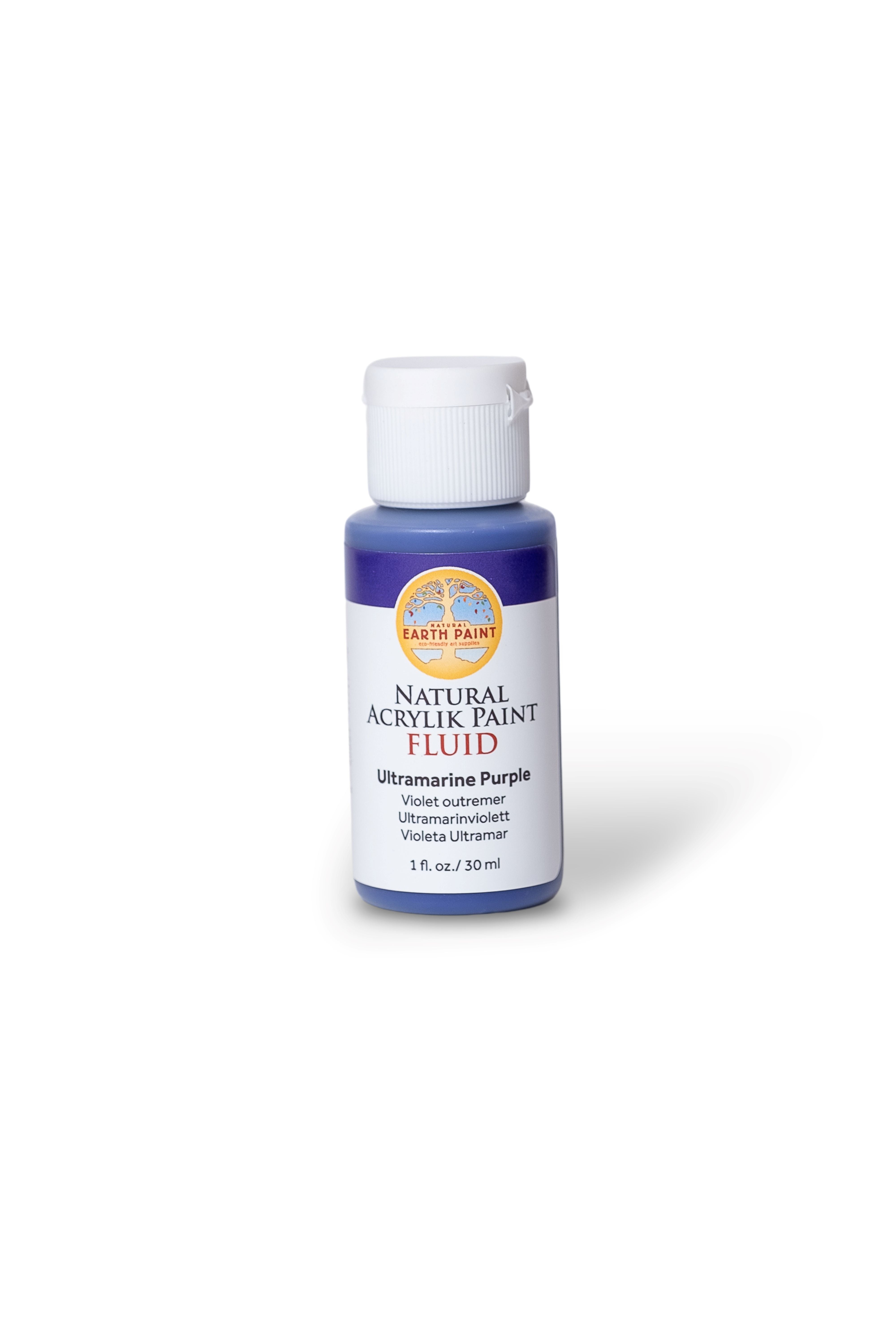 Bottle of ultramarine purple acrylic paint on a white background