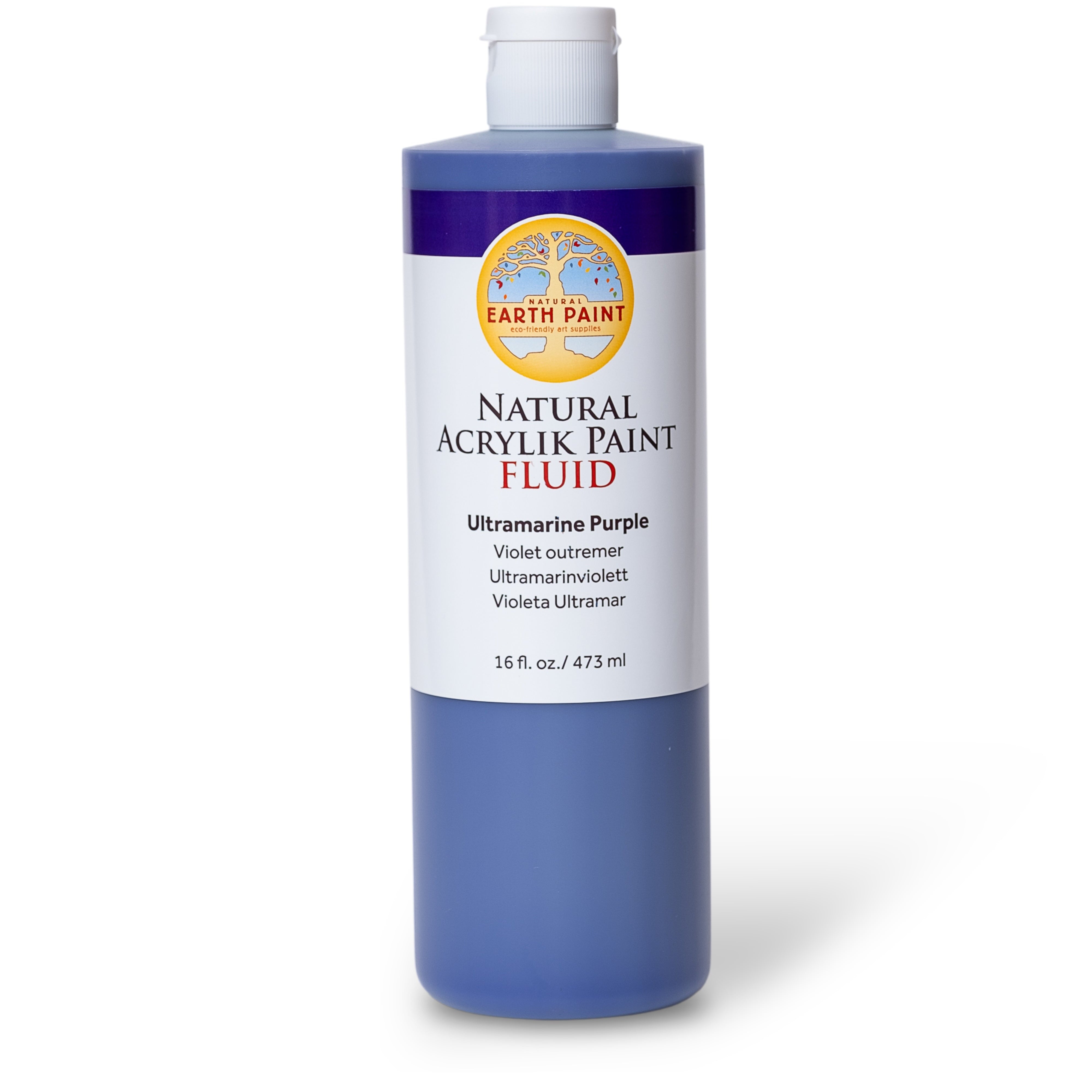 Bottle of Earth Paint Natural Acrylik Paint Fluid in Ultramarine Purple on a white background