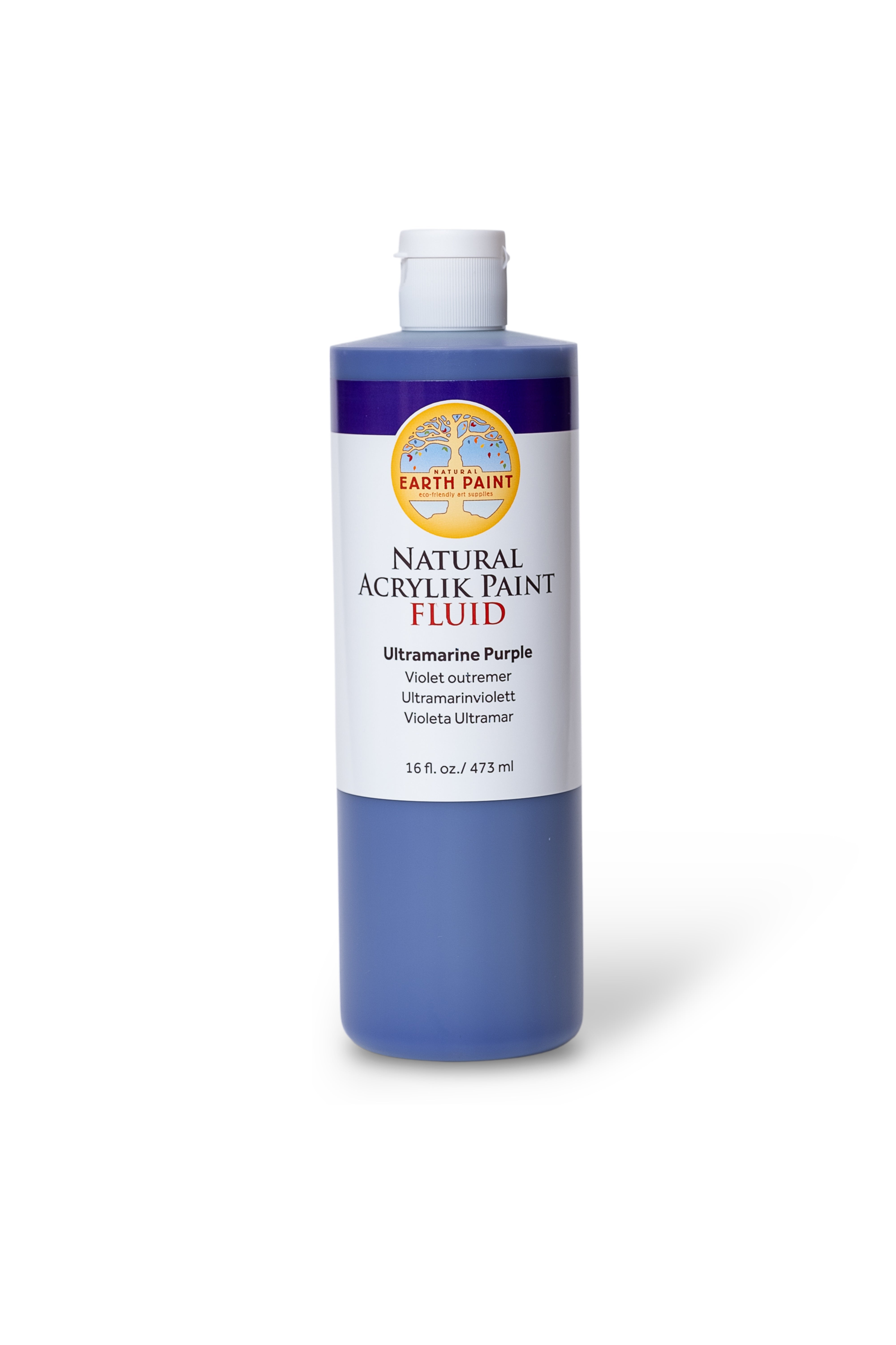 Bottle of Earth Paint Natural Acrylik Paint Fluid in Ultramarine Purple on a white background