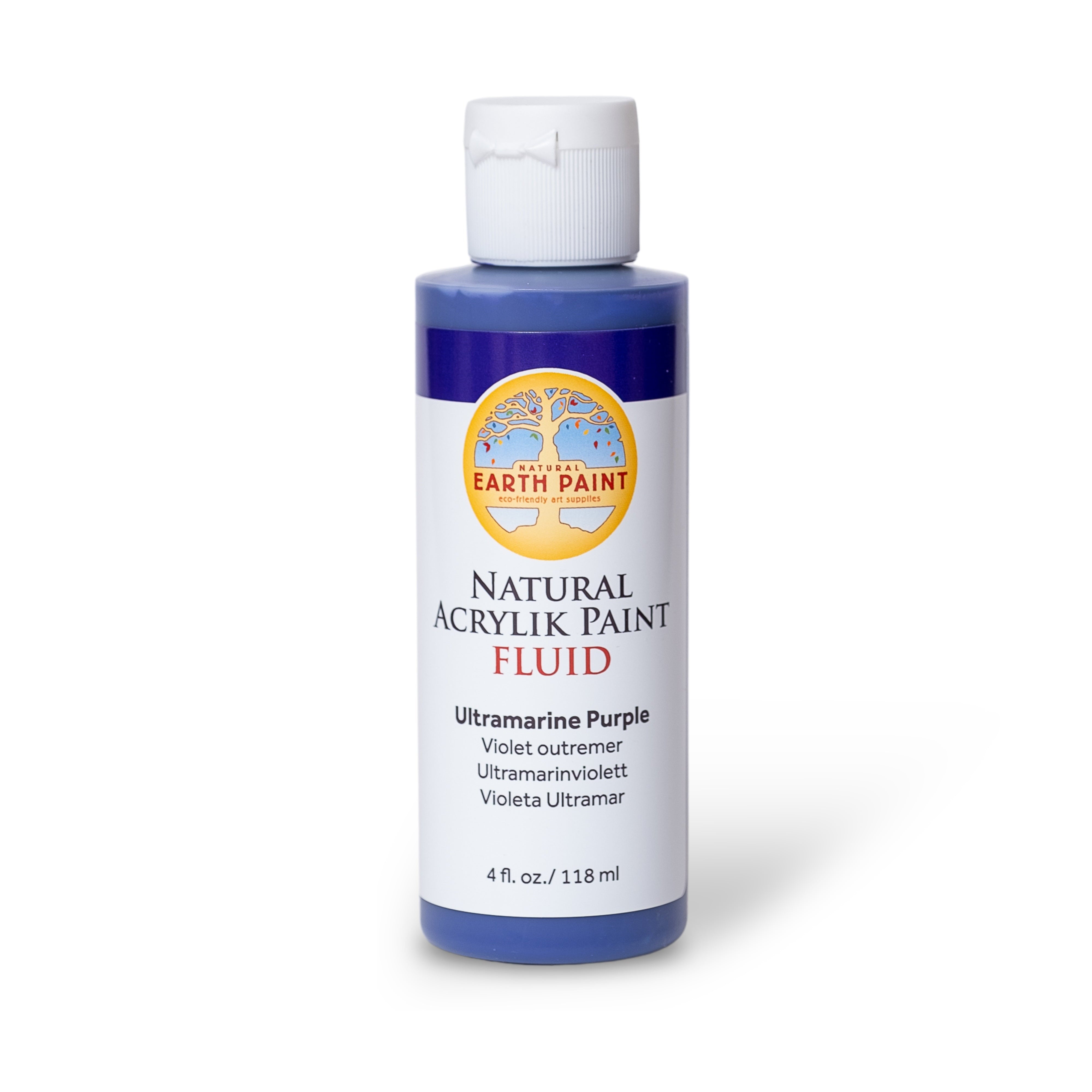 Bottle of Earth Paint natural acrylic paint fluid in Ultramarine Purple on a white background